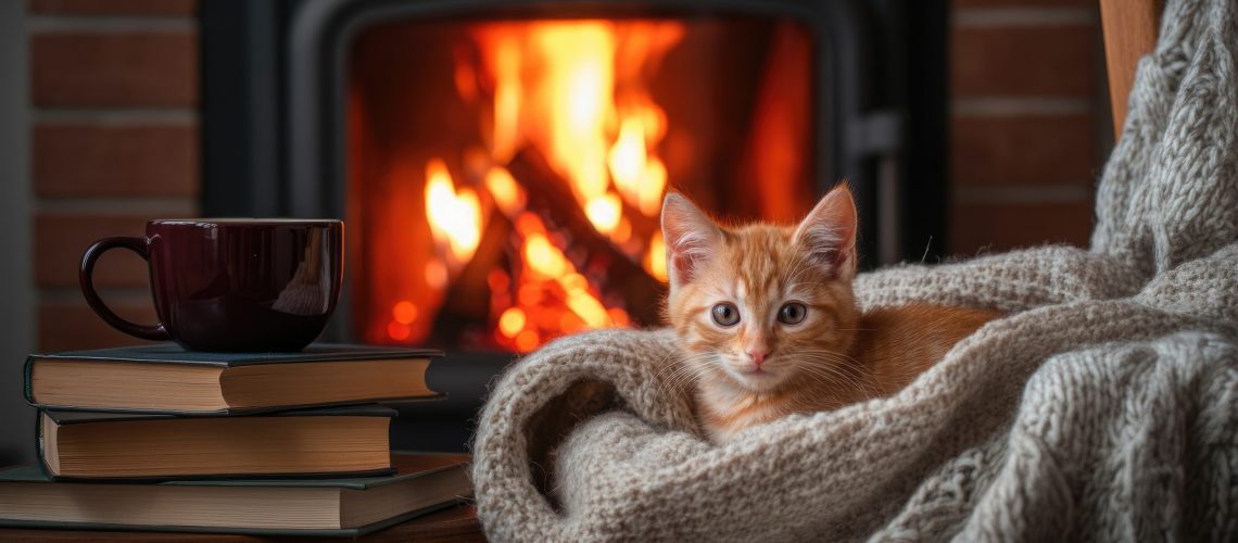 Cozy scene with kitten, hot drink, books by fireplace